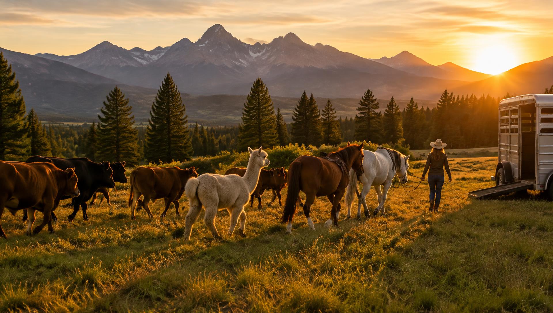 Horses, cattle and an alpaca in a mountain meadow at sunset